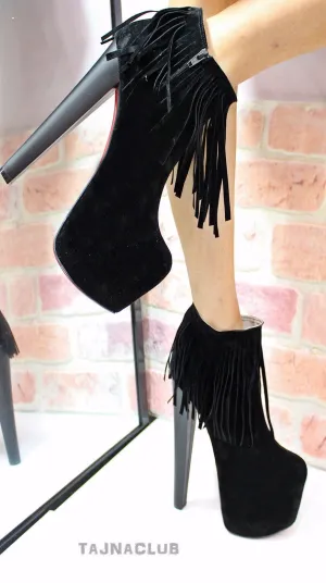 Black Suede Fringe Ankle Boots Platform High Heel Shoes