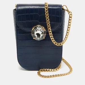 Blue Croc Embossed Leather Crystal Crossbody Bag