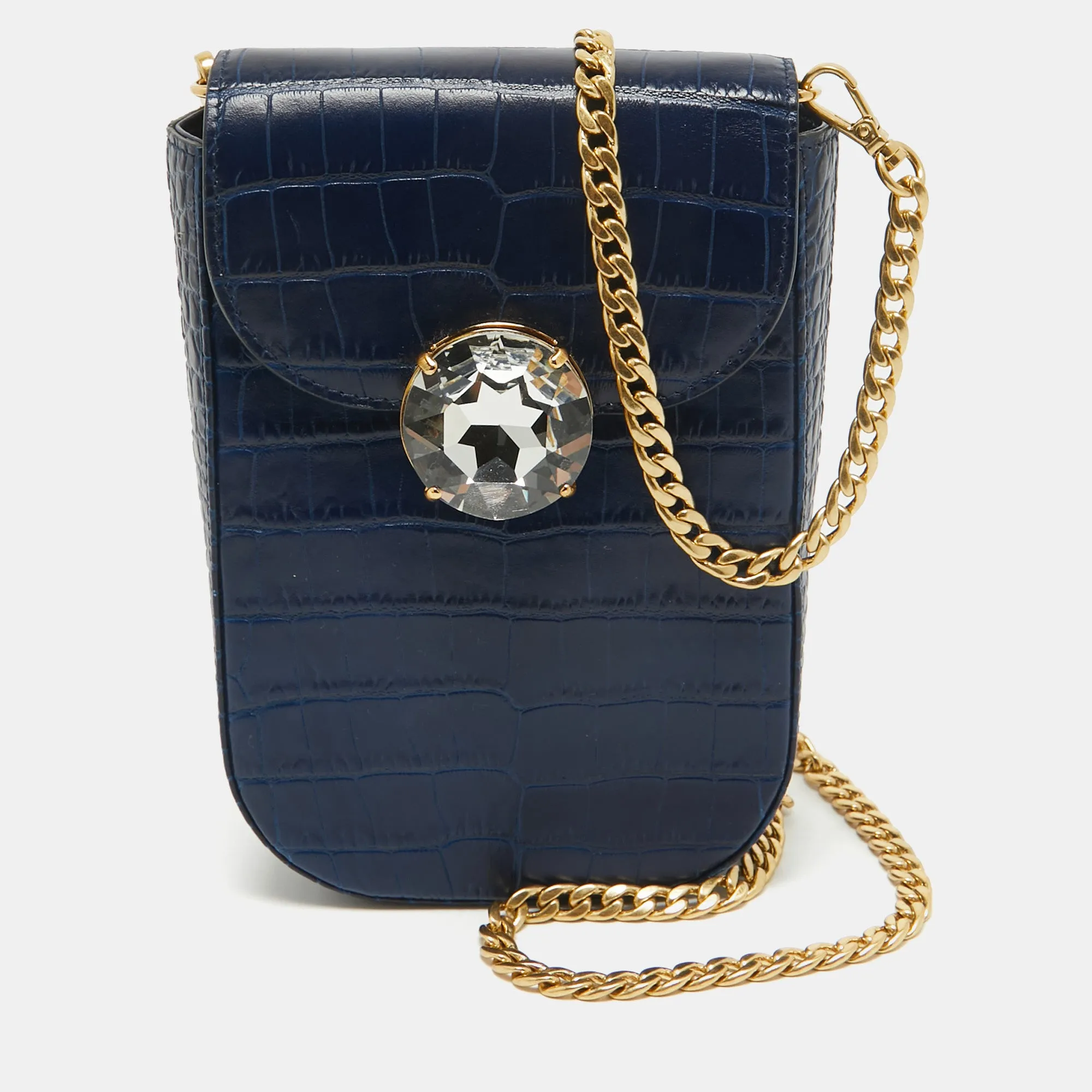 Blue Croc Embossed Leather Crystal Crossbody Bag