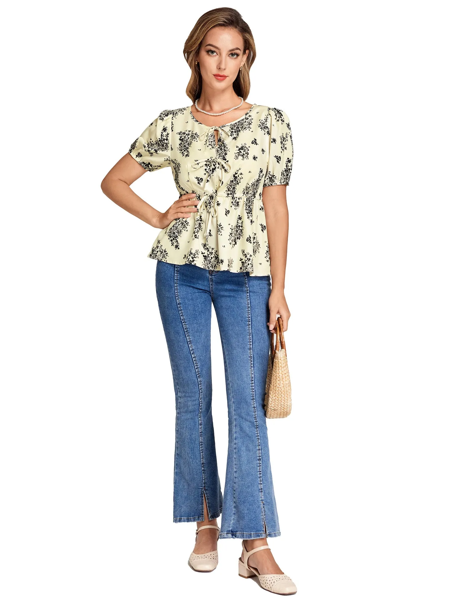 BP Women Vintage Elastic Waist Tops Puffed Short Sleeve Crew Neck Pullover Tops