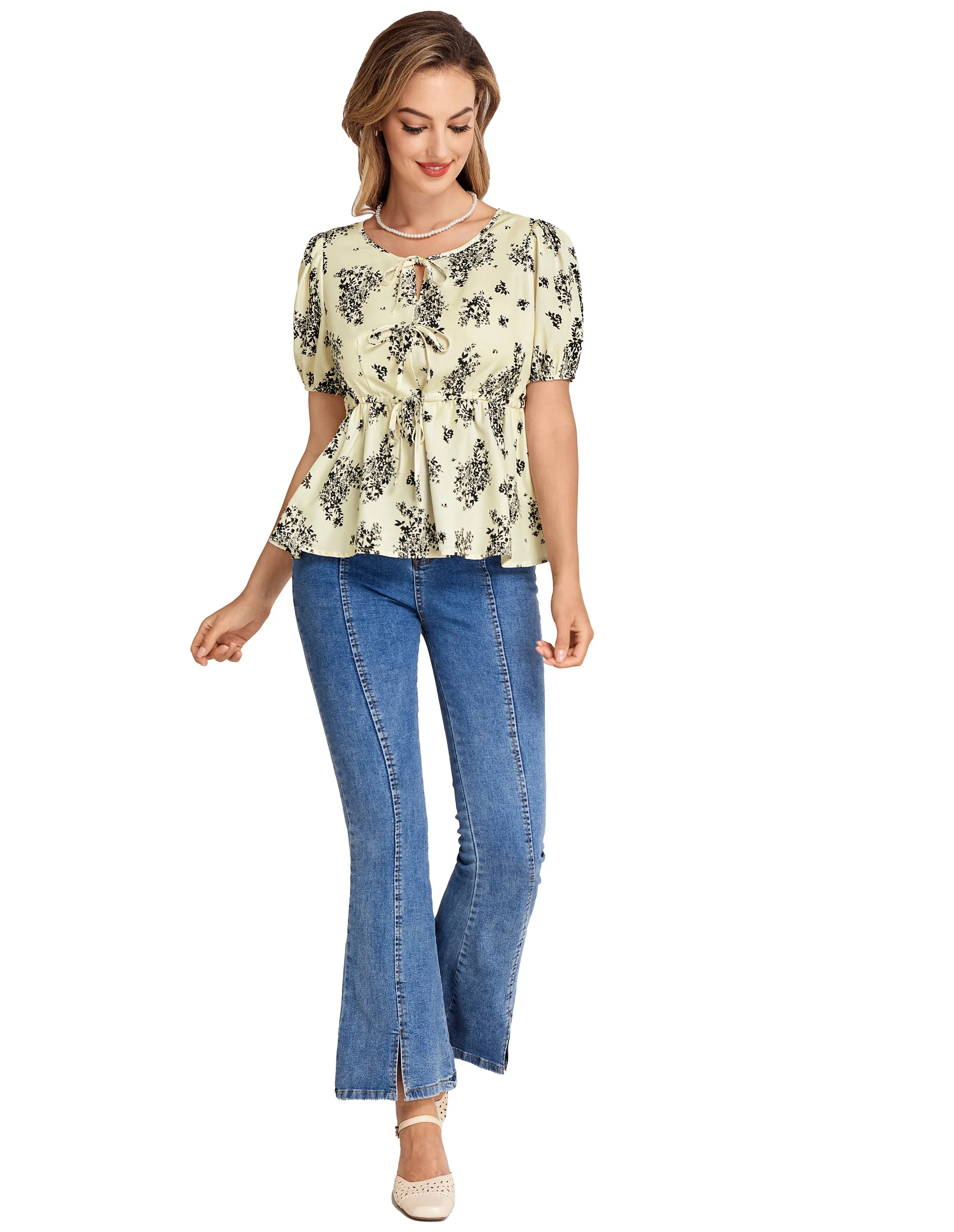 BP Women Vintage Elastic Waist Tops Puffed Short Sleeve Crew Neck Pullover Tops