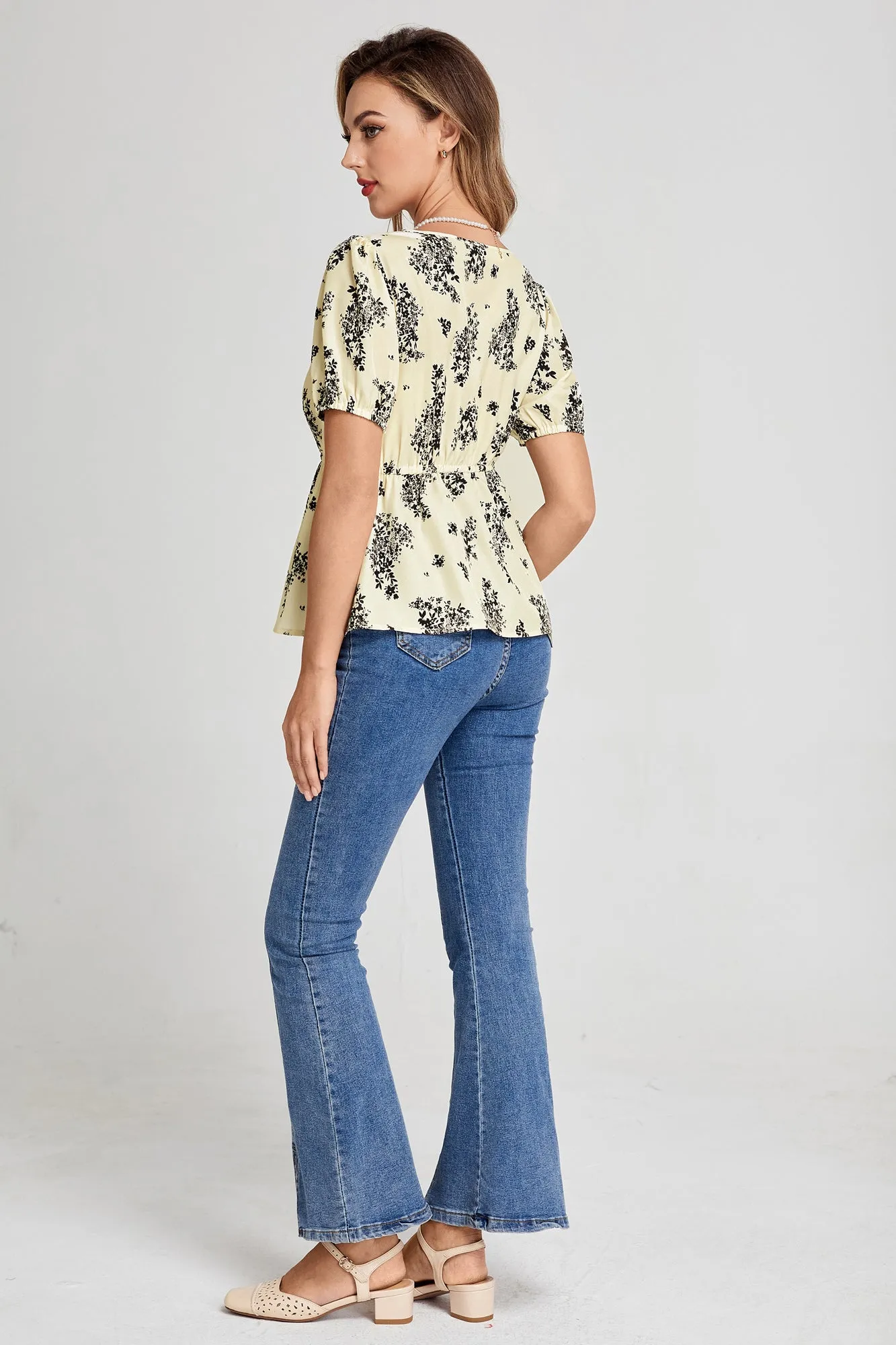 BP Women Vintage Elastic Waist Tops Puffed Short Sleeve Crew Neck Pullover Tops