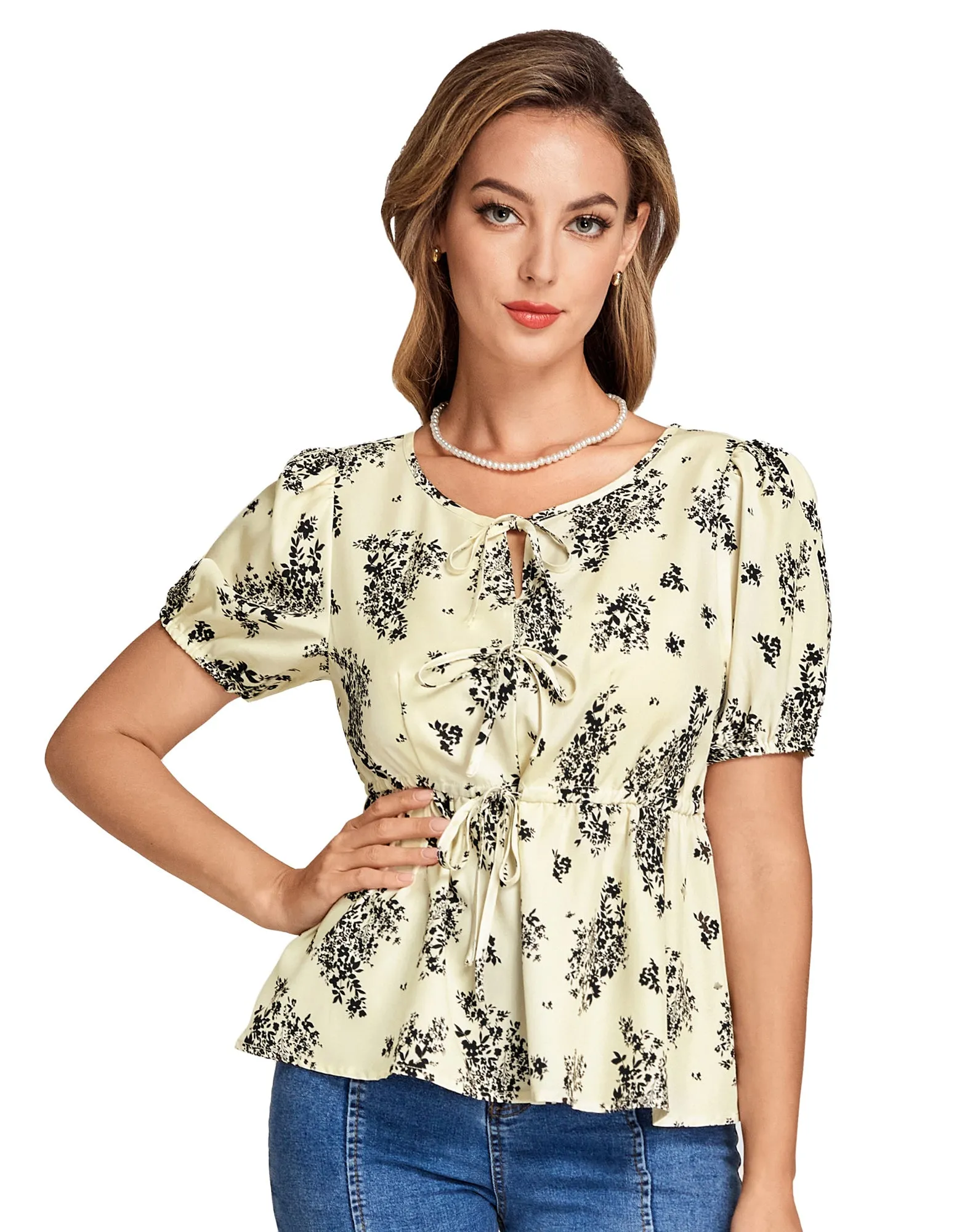 BP Women Vintage Elastic Waist Tops Puffed Short Sleeve Crew Neck Pullover Tops