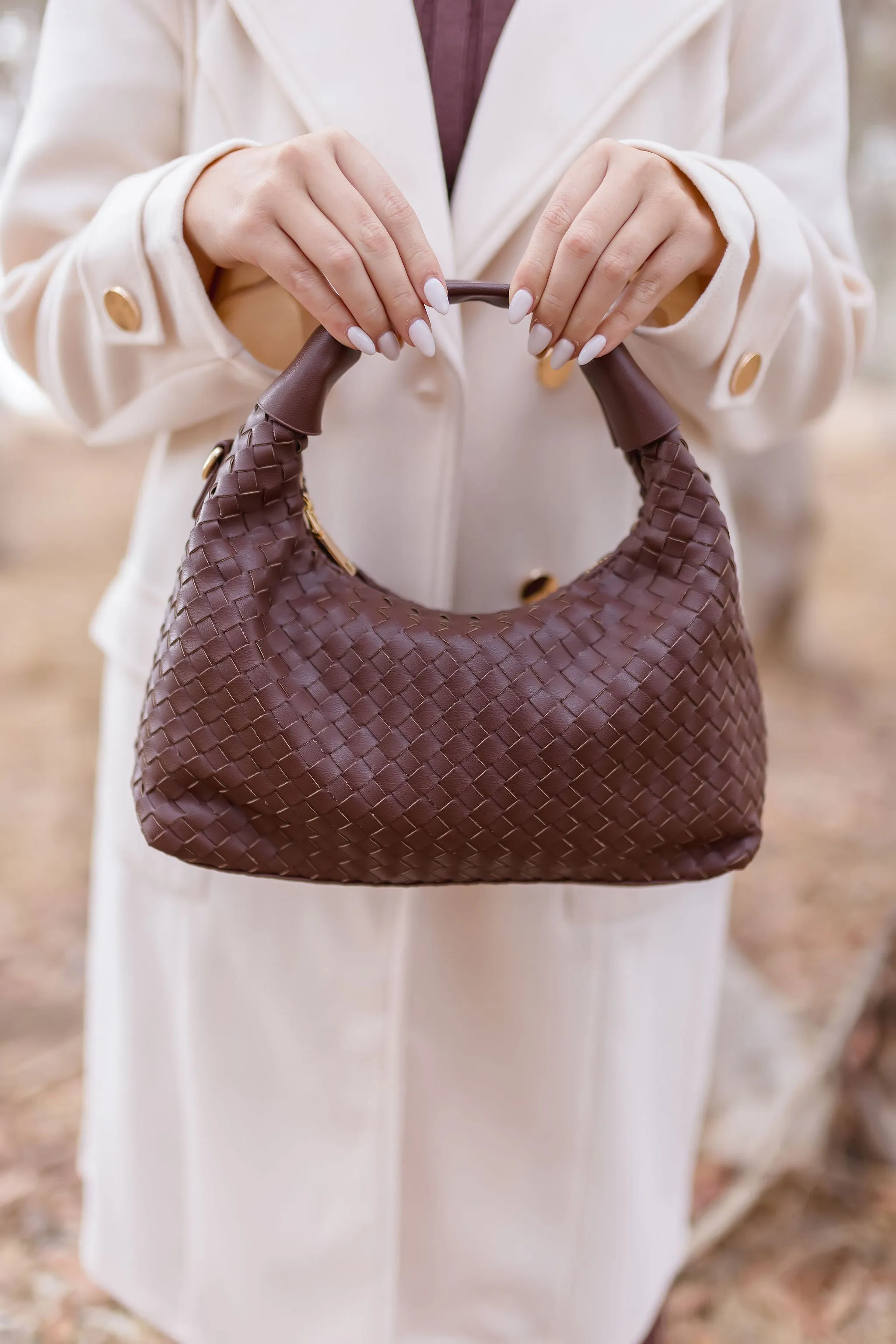 Cora Top Handle Vegan Leather Woven Purse Brown