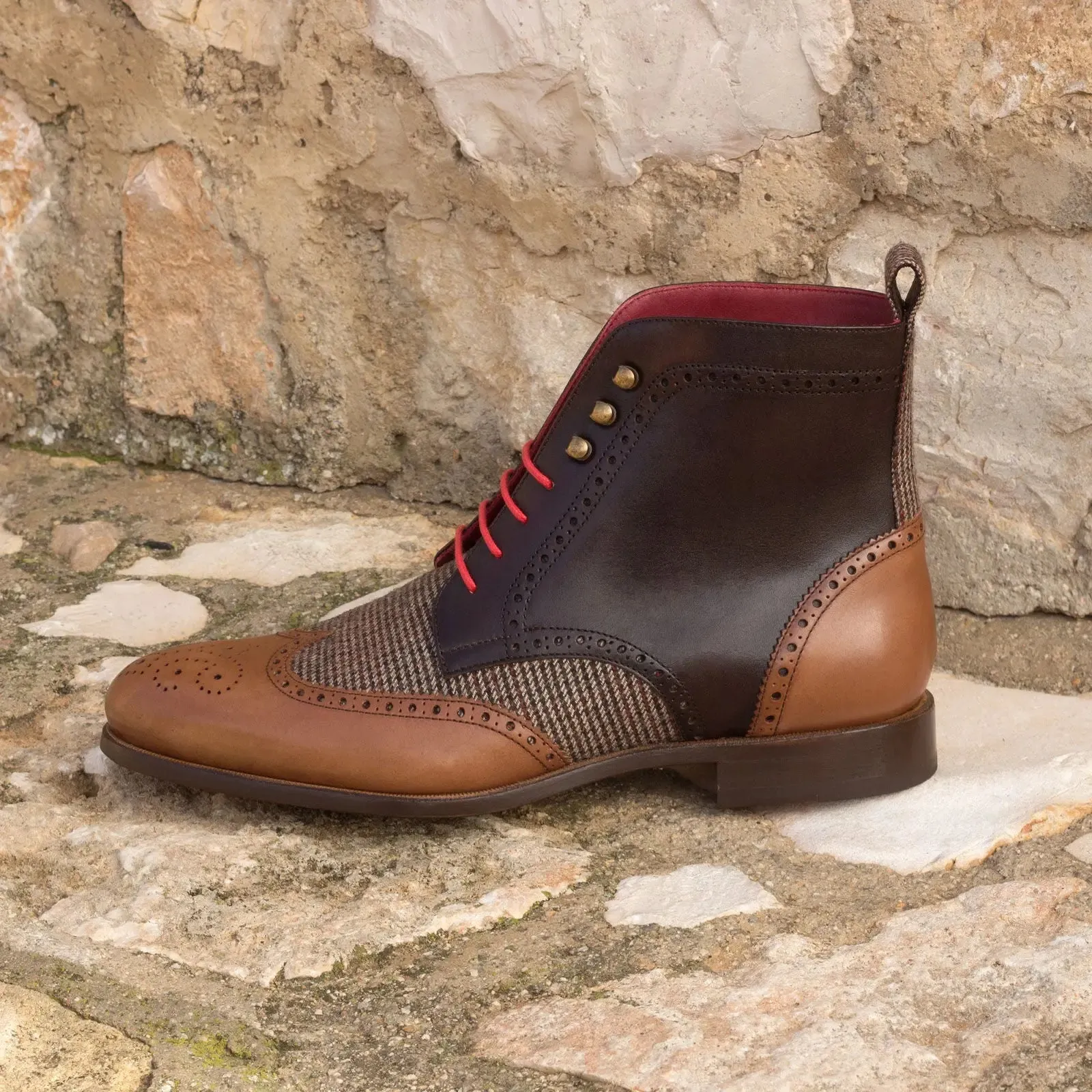 DapperFam Valiant in Tweed / Med Brown / Dark Brown Men's Sartorial & Italian Leather Military Brogue