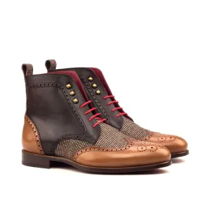 DapperFam Valiant in Tweed / Med Brown / Dark Brown Men's Sartorial & Italian Leather Military Brogue