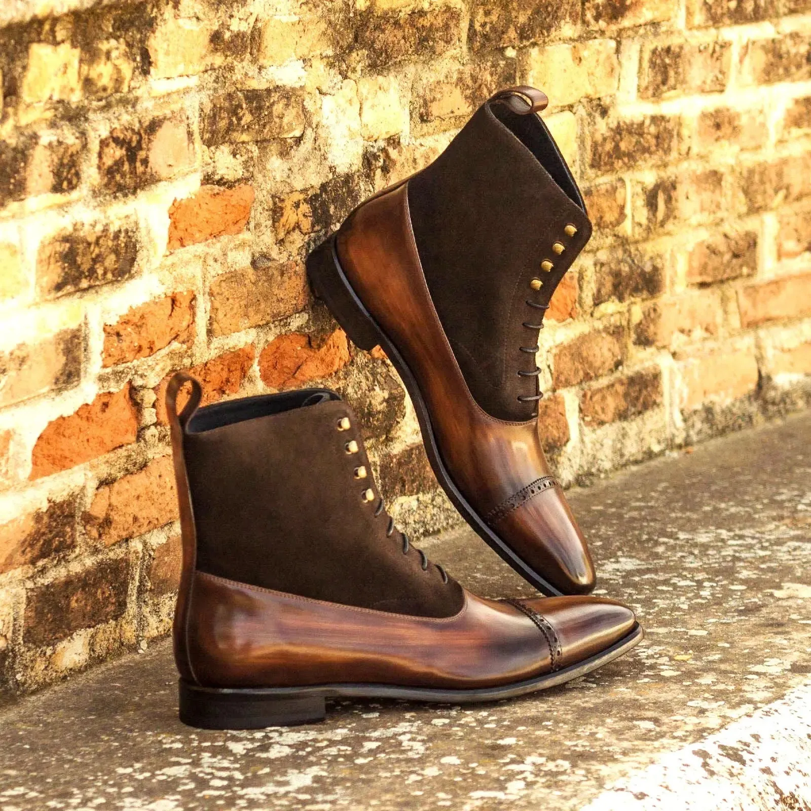 DapperFam Vittorio in Dark Brown / Brown Men's Lux Suede & Hand-Painted Patina Balmoral Boot