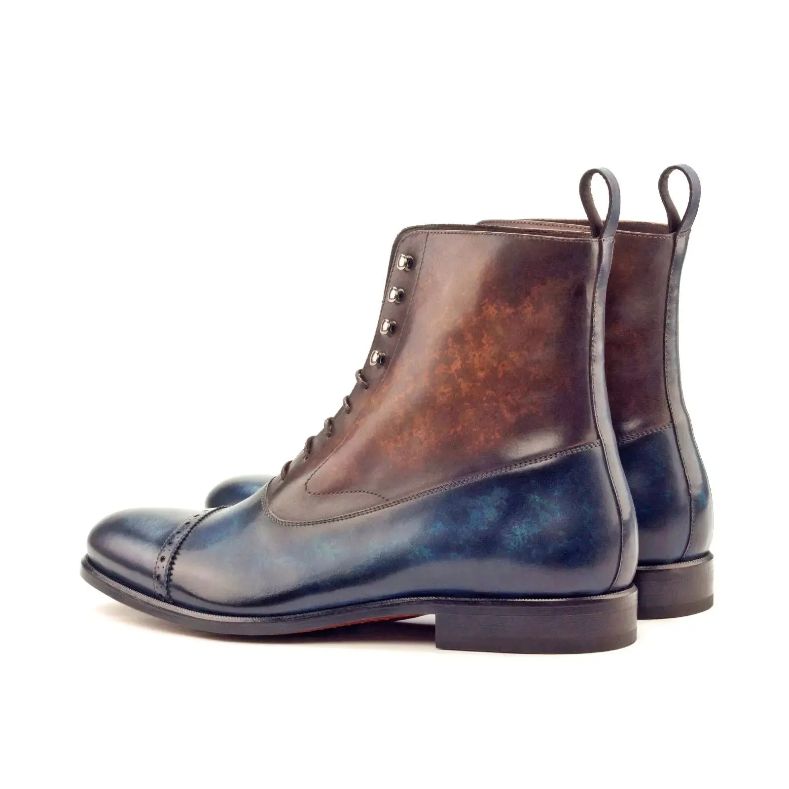 DapperFam Vittorio in Denim / Brown Men's Hand-Painted Patina Balmoral Boot
