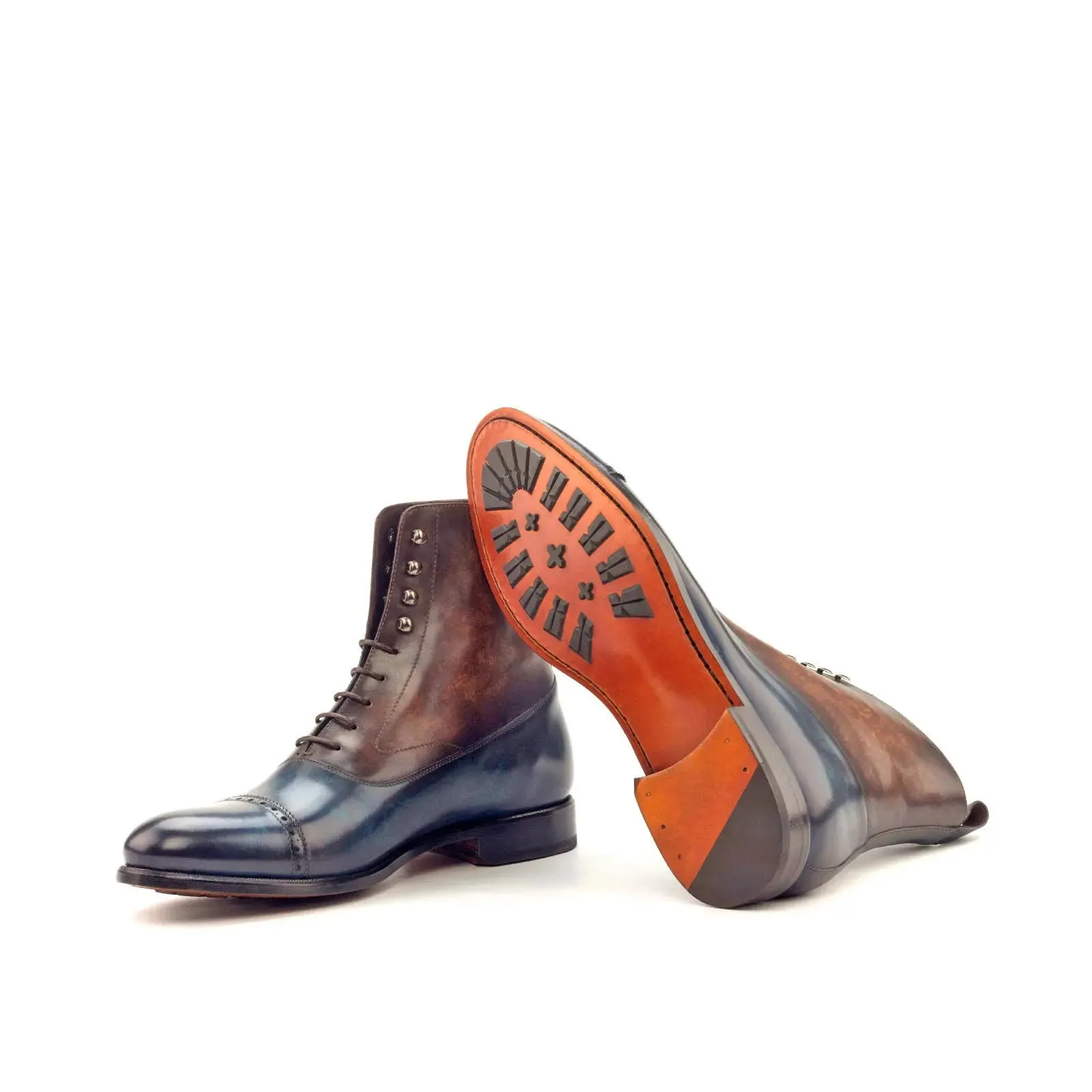 DapperFam Vittorio in Denim / Brown Men's Hand-Painted Patina Balmoral Boot