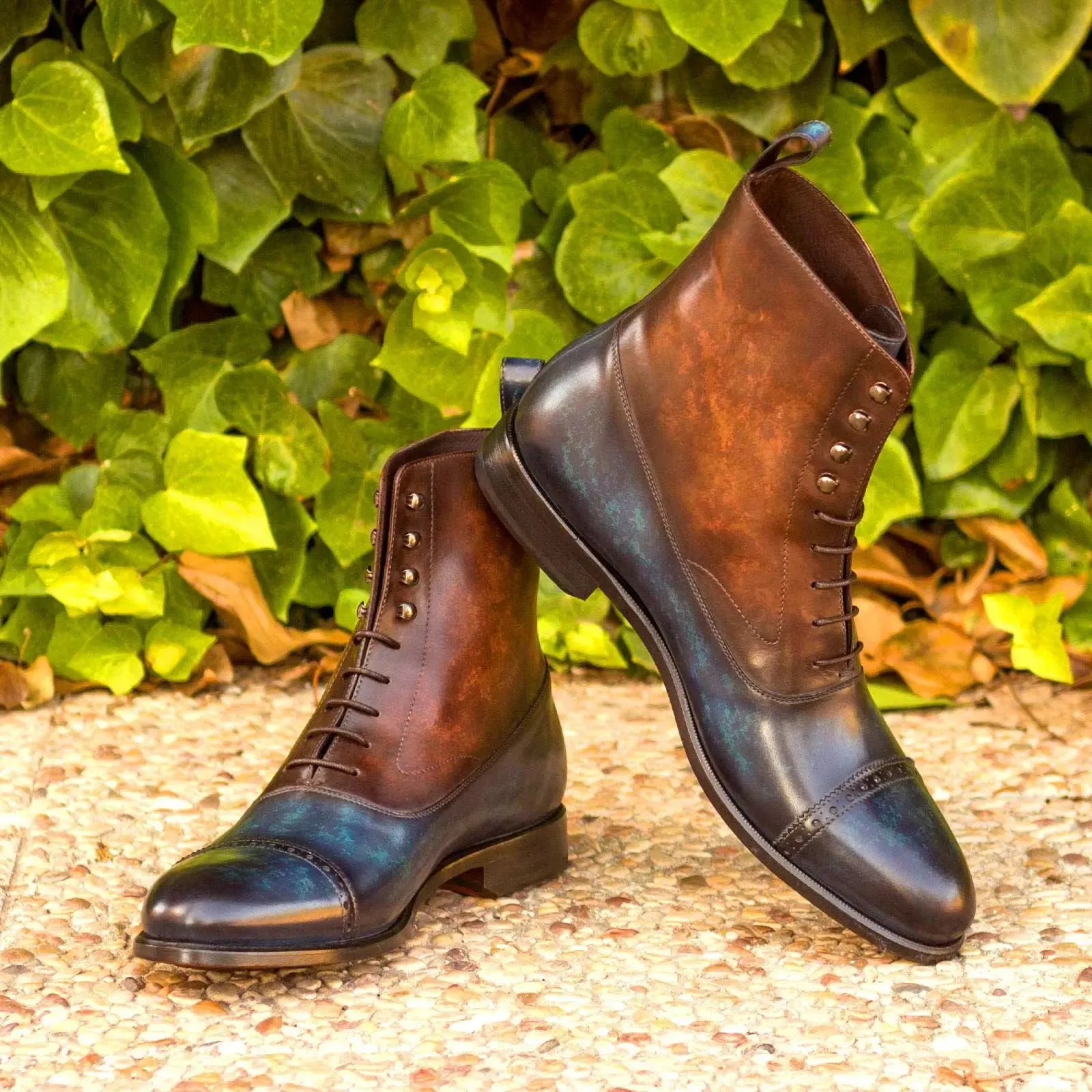 DapperFam Vittorio in Denim / Brown Men's Hand-Painted Patina Balmoral Boot
