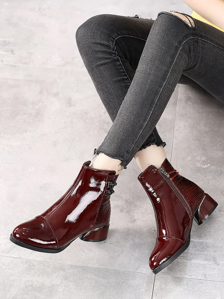 Genuine Leather Square Heels Soft Patent Autumn/Winter Short Boots