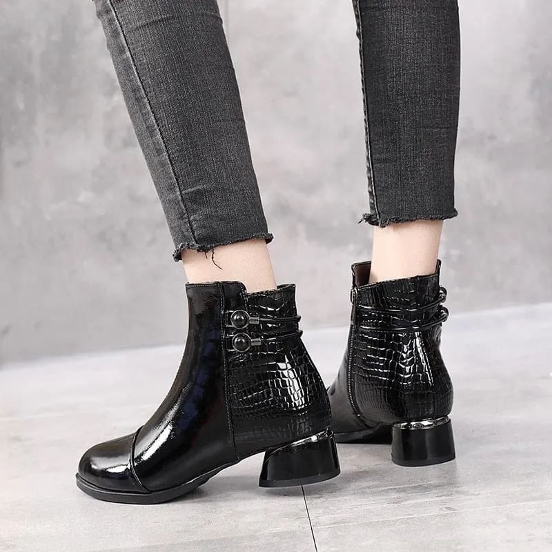 Genuine Leather Square Heels Soft Patent Autumn/Winter Short Boots