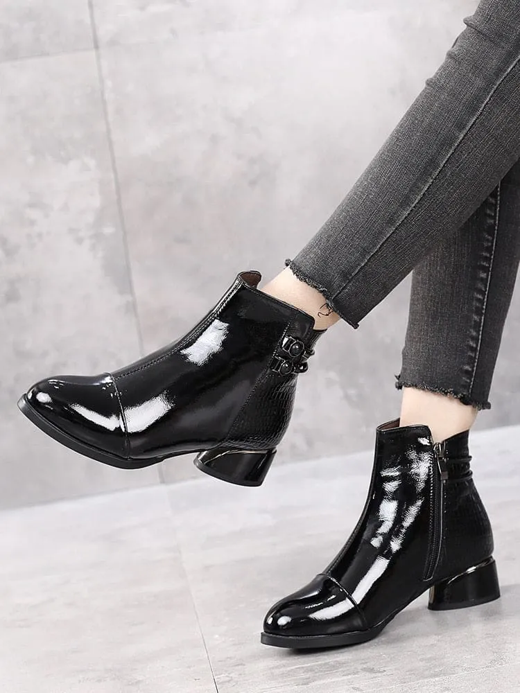 Genuine Leather Square Heels Soft Patent Autumn/Winter Short Boots