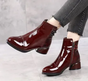 Genuine Leather Square Heels Soft Patent Autumn/Winter Short Boots