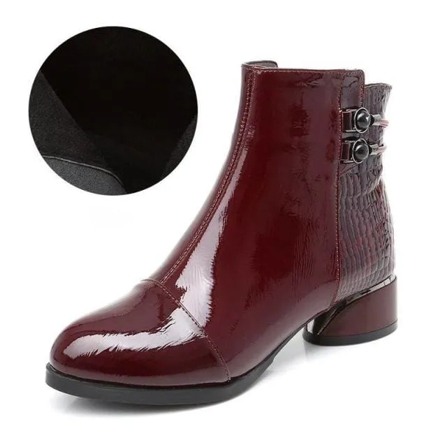 Genuine Leather Square Heels Soft Patent Autumn/Winter Short Boots
