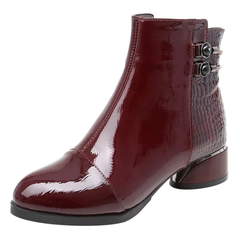 Genuine Leather Square Heels Soft Patent Autumn/Winter Short Boots