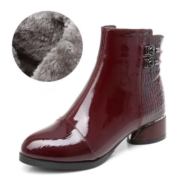 Genuine Leather Square Heels Soft Patent Autumn/Winter Short Boots