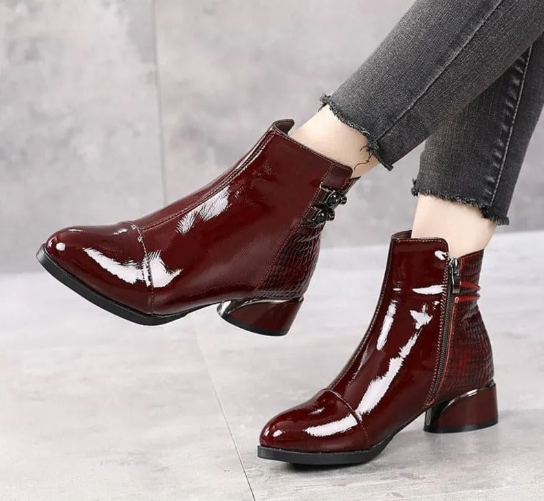 Genuine Leather Square Heels Soft Patent Autumn/Winter Short Boots