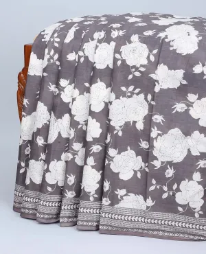 Grey floral printed mul-mul cotton saree, geometric printed border & floral & geometric printed pallu