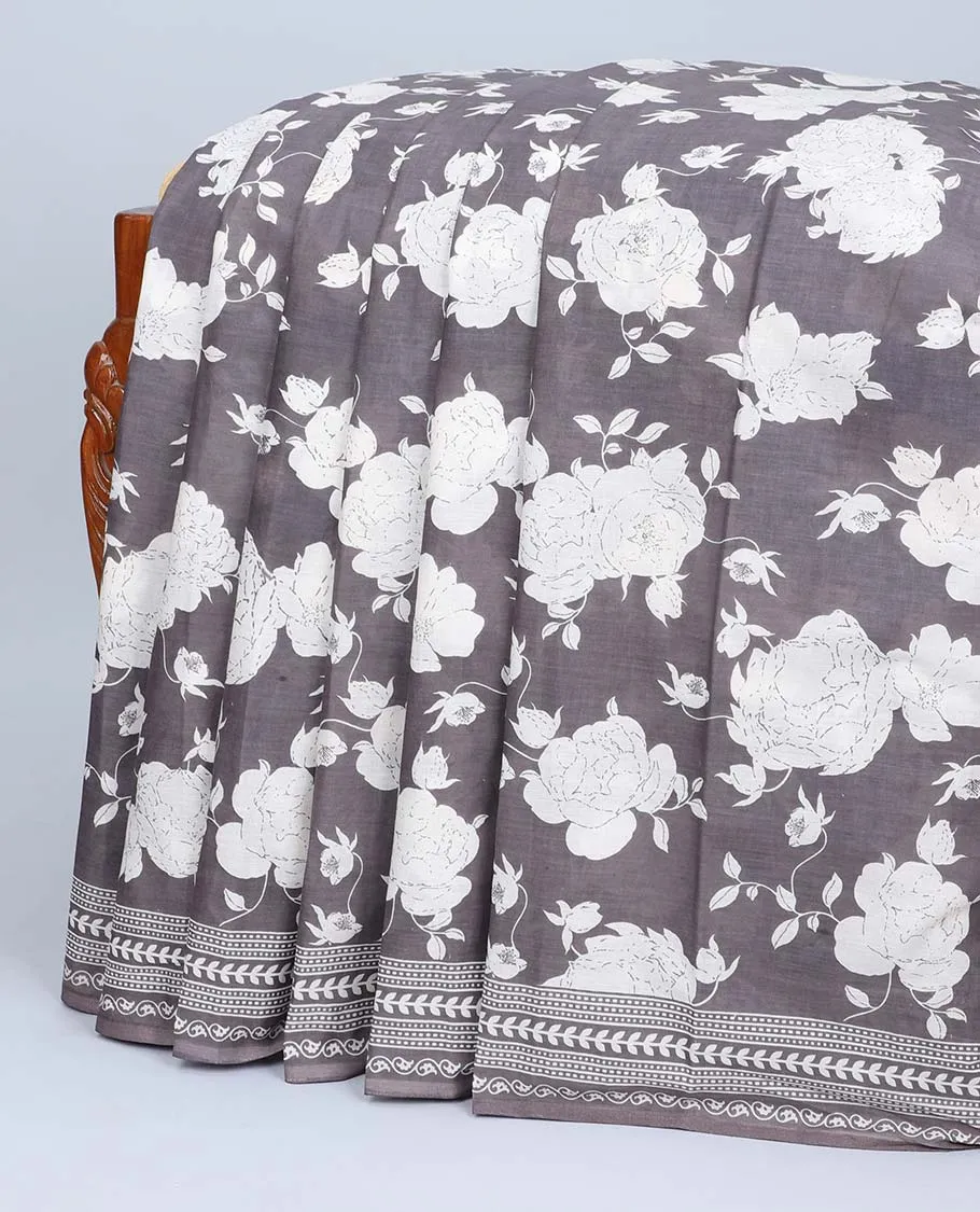 Grey floral printed mul-mul cotton saree, geometric printed border & floral & geometric printed pallu