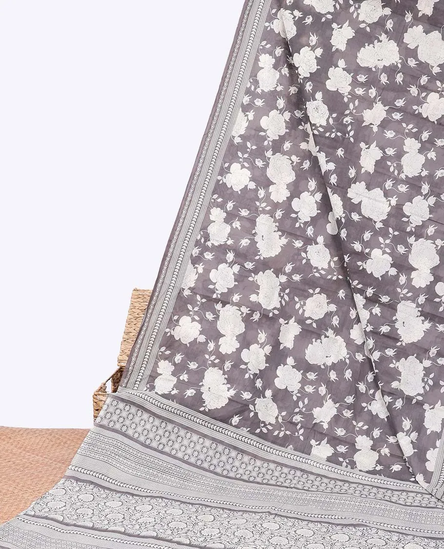 Grey floral printed mul-mul cotton saree, geometric printed border & floral & geometric printed pallu