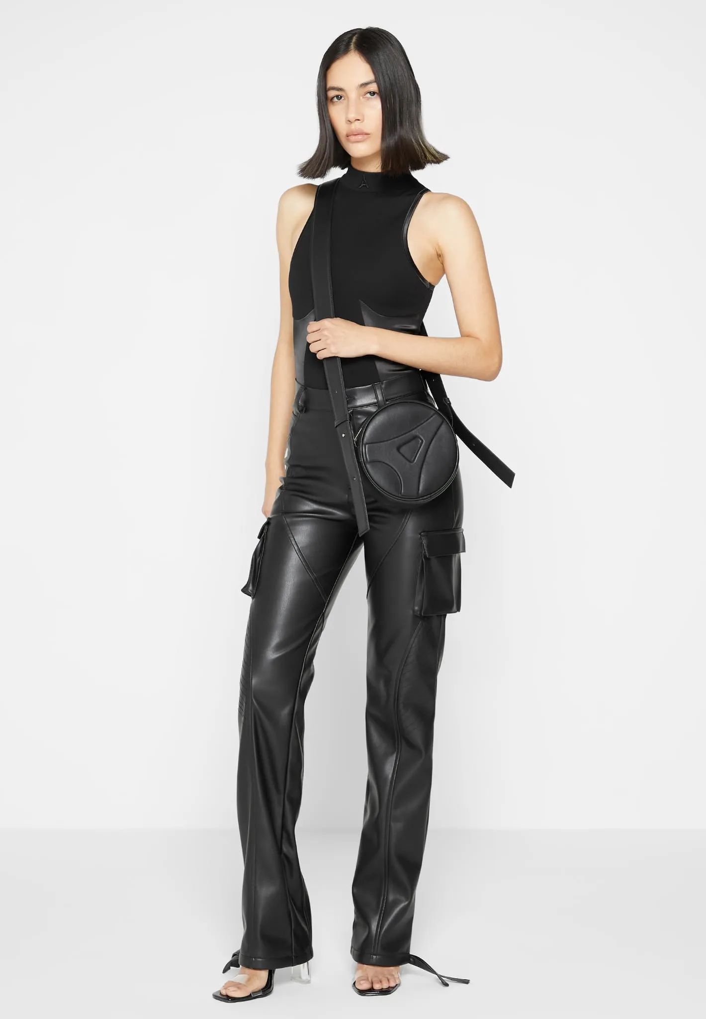 Leather Embossed Eiffel Round Bag - Black