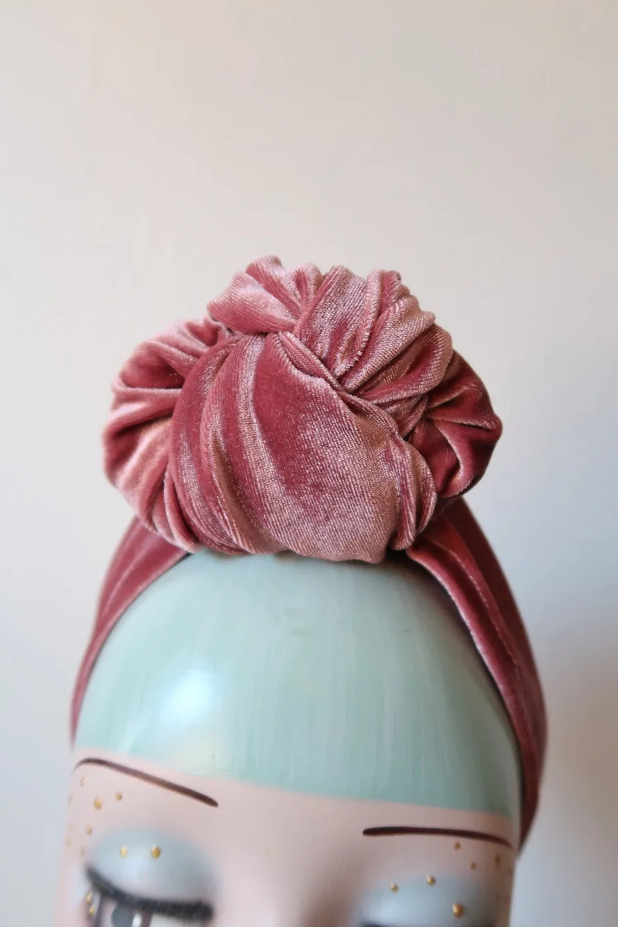 Made To Order: SMALL KNOT Velvet Pre-tied Stretchy 1940s Style Turban in Black, Claret, Bottle Green & Dusky Pink