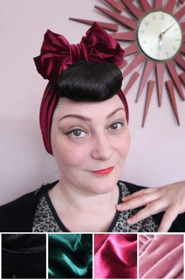 Made To Order: VELVET BOW KNOT 1940s Pre-tied Stretchy Headband in Black, Claret, Bottle Green & Dusky Pink