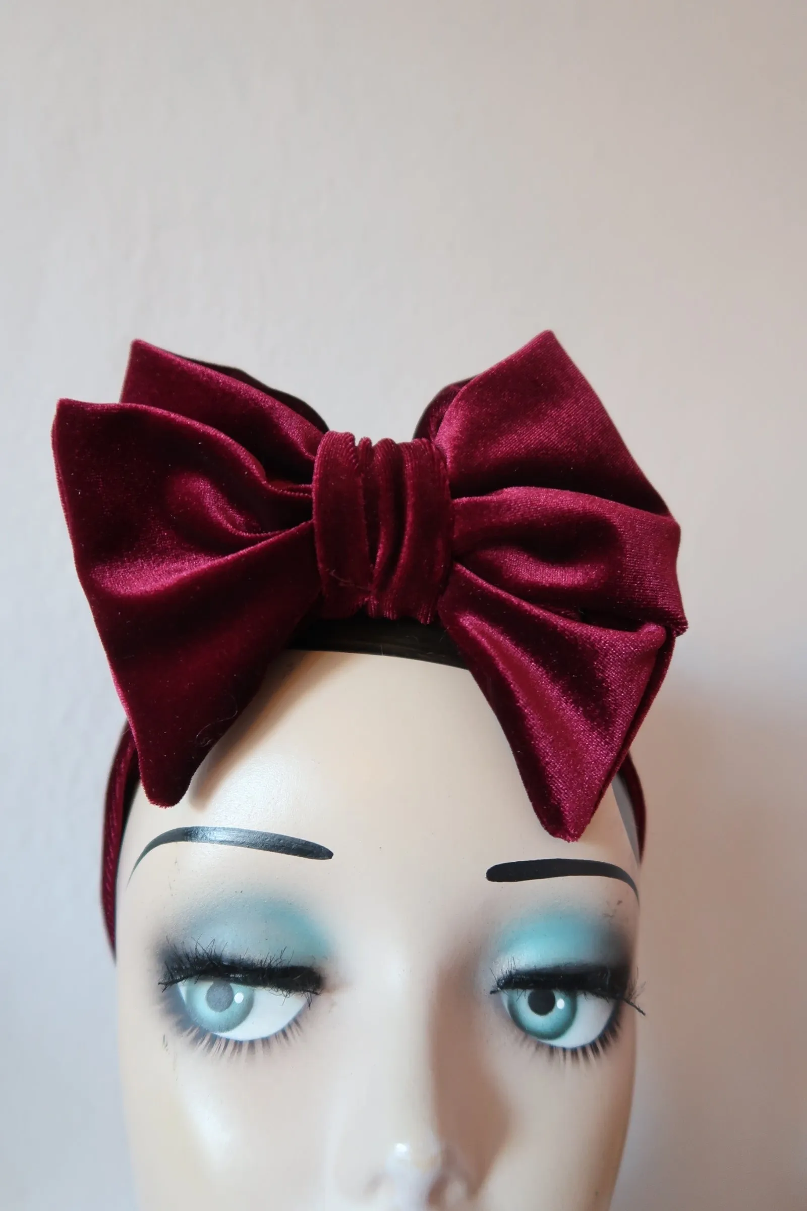 Made To Order: VELVET BOW KNOT 1940s Pre-tied Stretchy Headband in Black, Claret, Bottle Green & Dusky Pink