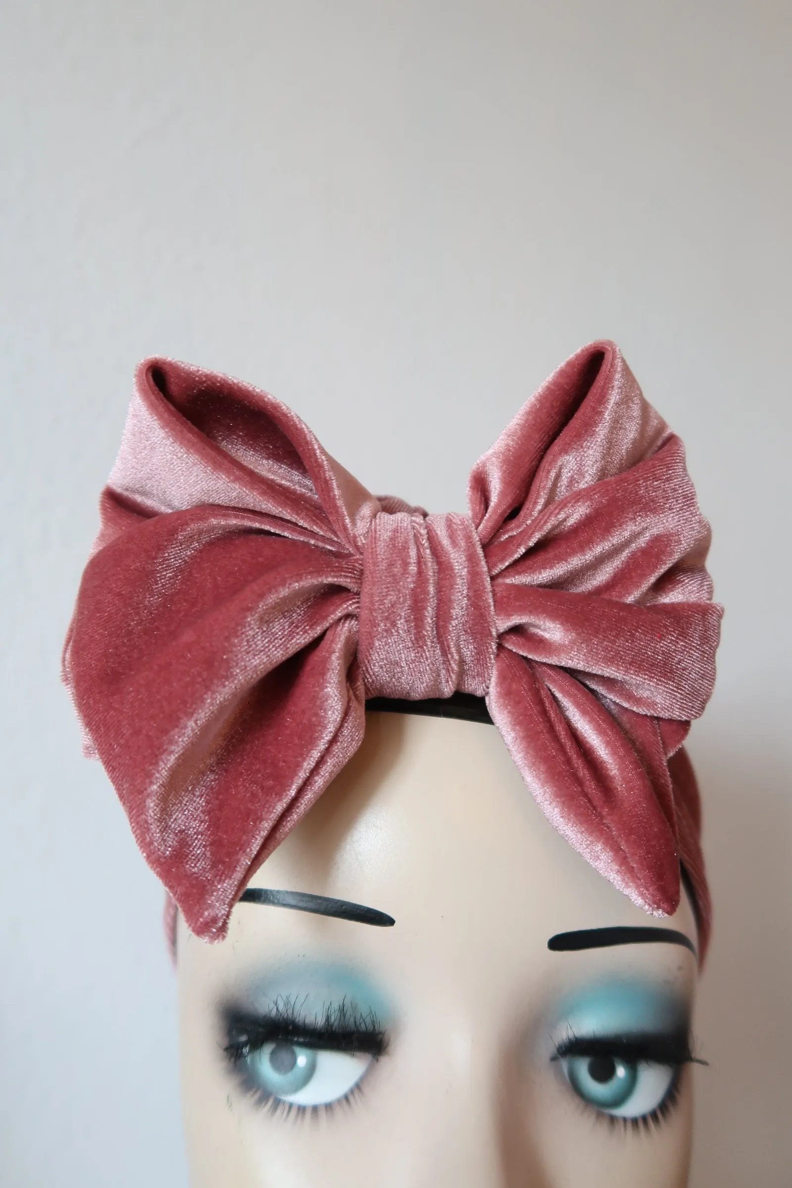 Made To Order: VELVET BOW KNOT 1940s Pre-tied Stretchy Headband in Black, Claret, Bottle Green & Dusky Pink