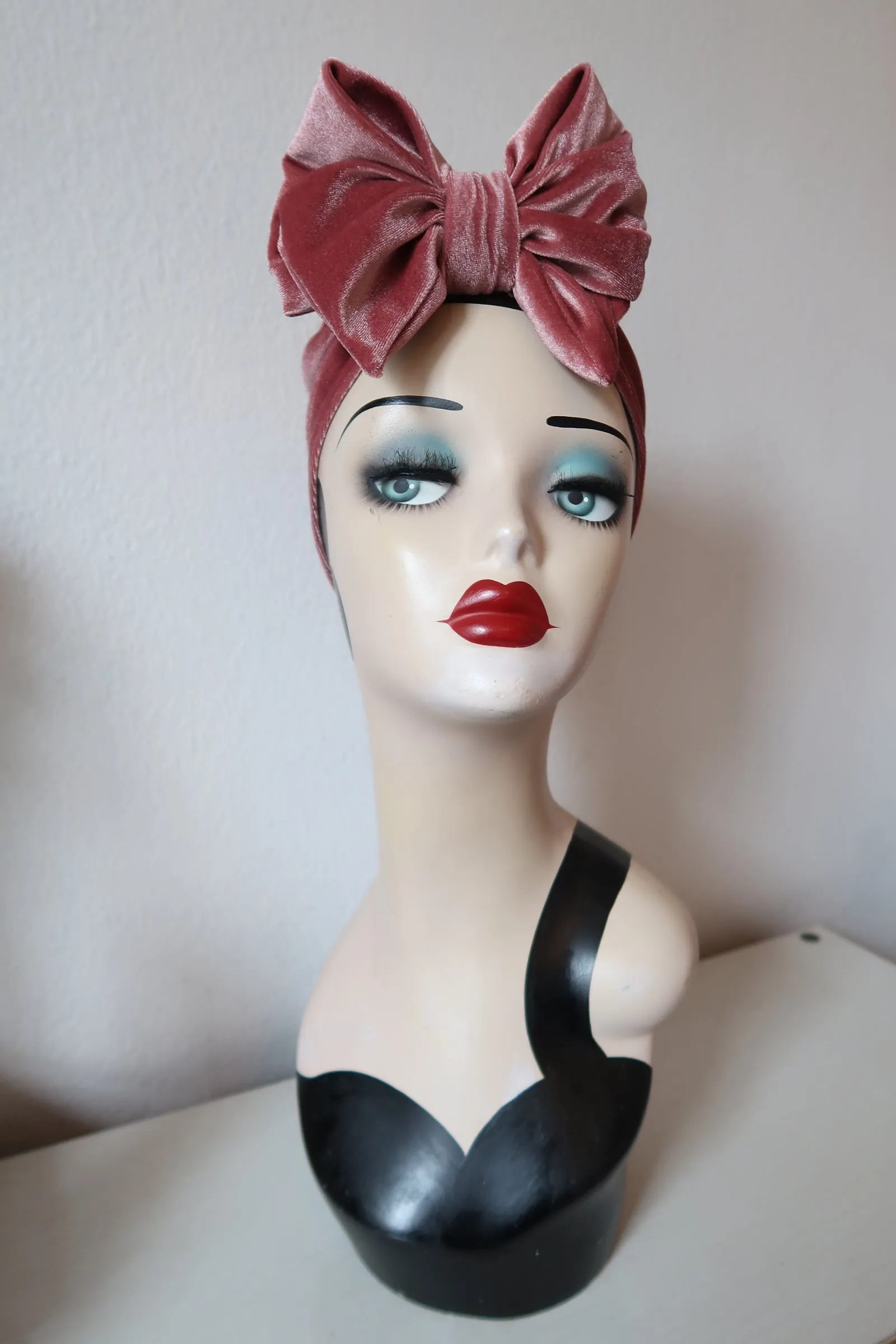Made To Order: VELVET BOW KNOT 1940s Pre-tied Stretchy Headband in Black, Claret, Bottle Green & Dusky Pink
