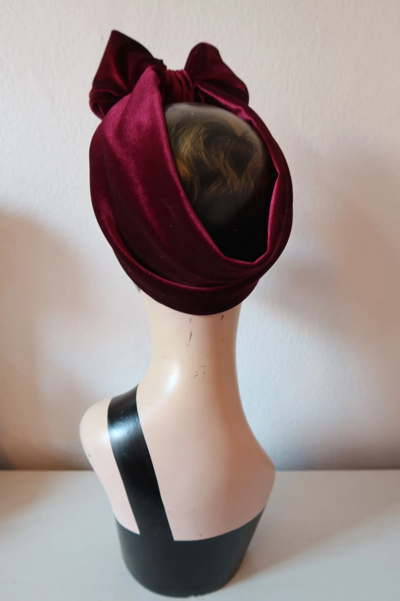 Made To Order: VELVET BOW KNOT 1940s Pre-tied Stretchy Headband in Black, Claret, Bottle Green & Dusky Pink