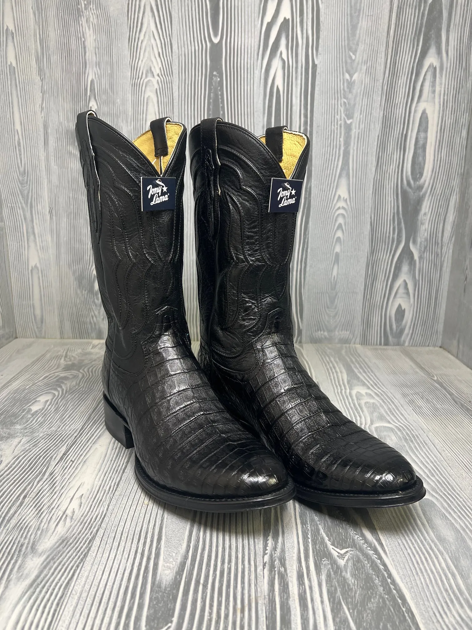 Men's Tony Lama Tremaine Black Caiman Belly with 12" Black Goat Top - DR5261