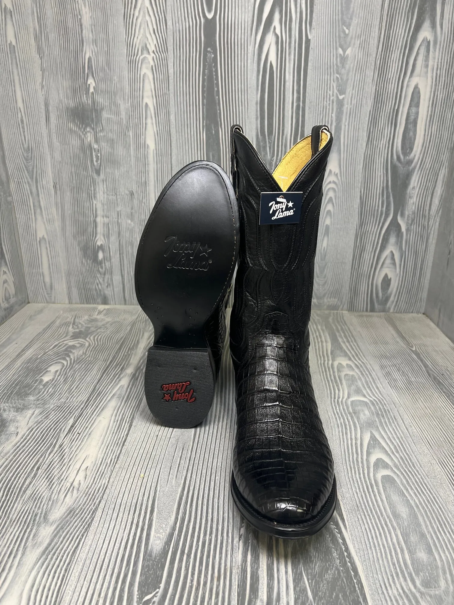 Men's Tony Lama Tremaine Black Caiman Belly with 12" Black Goat Top - DR5261