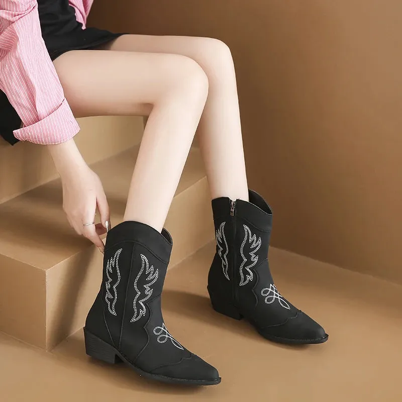 Merendy Randa round toe low Square heel black embroidered mid-calf  boot