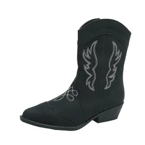 Merendy Randa round toe low Square heel black embroidered mid-calf  boot