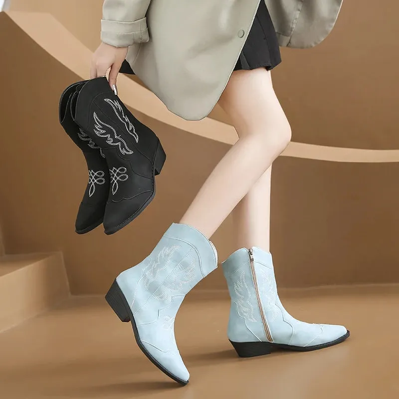 Merendy Randa round toe low Square heel black embroidered mid-calf  boot