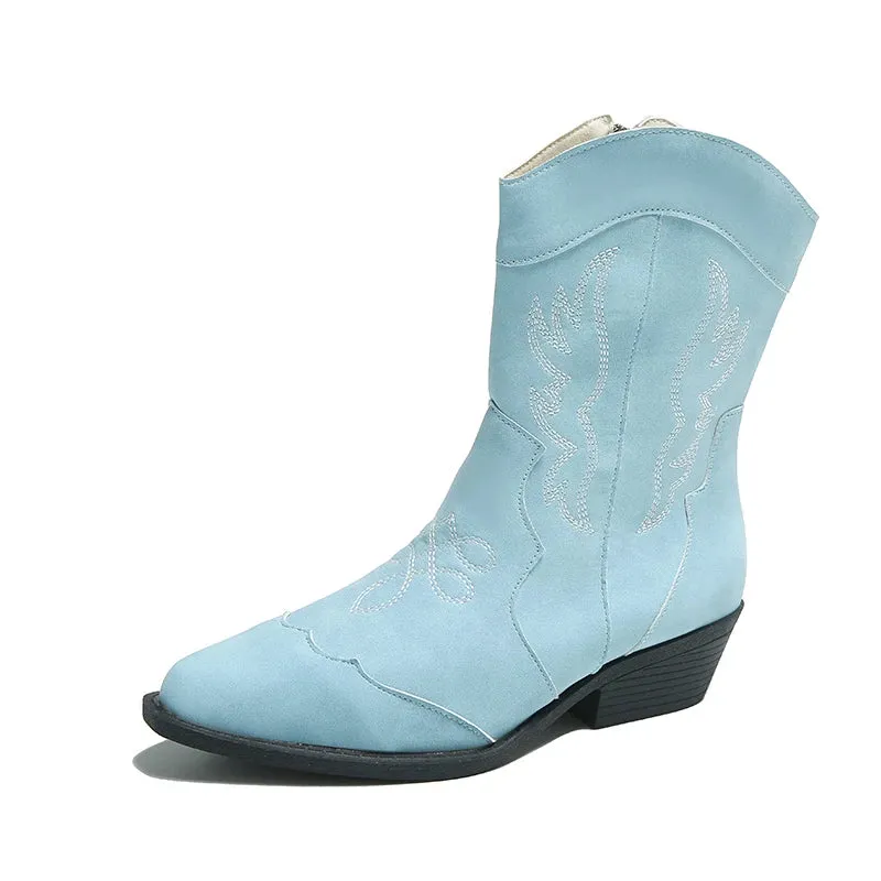 Merendy Randa round toe low Square heel black embroidered mid-calf  boot