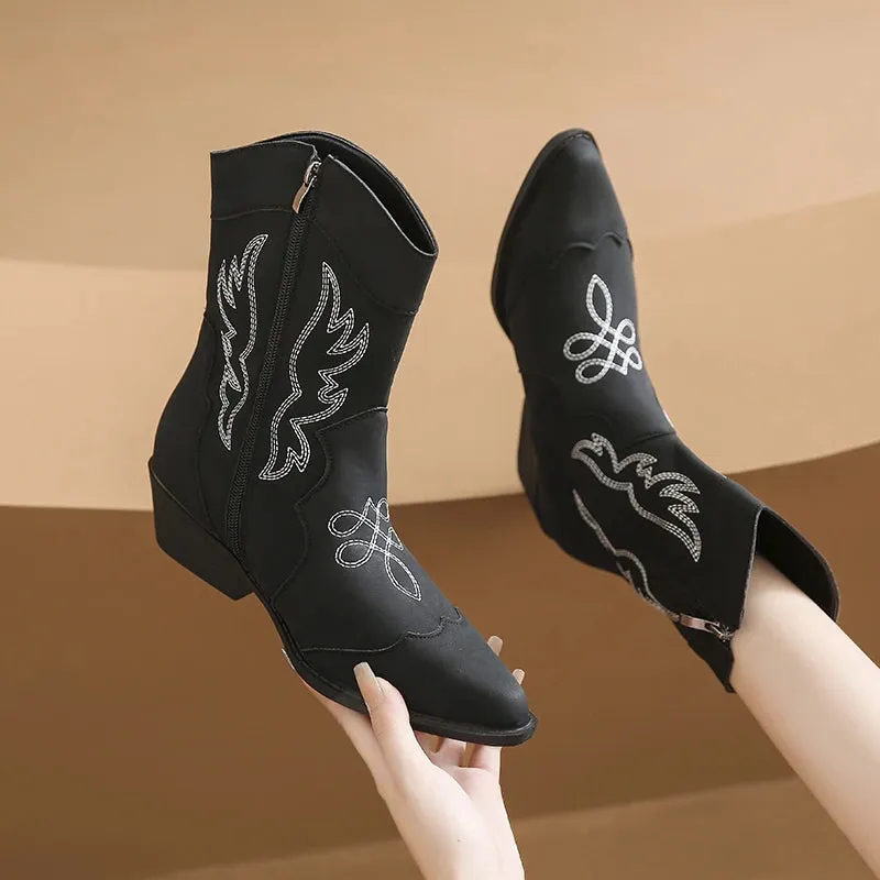 Merendy Randa round toe low Square heel black embroidered mid-calf  boot