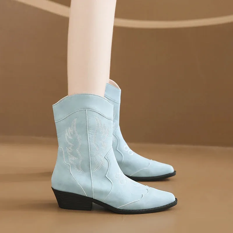 Merendy Randa round toe low Square heel black embroidered mid-calf  boot