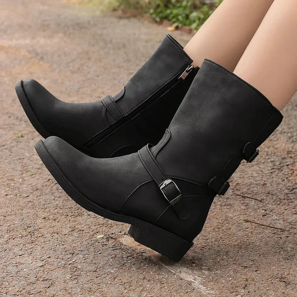 Merendy Salsa Zipper Round Toe Luxury Ladies  Low-Heel Wide-Calf Boots