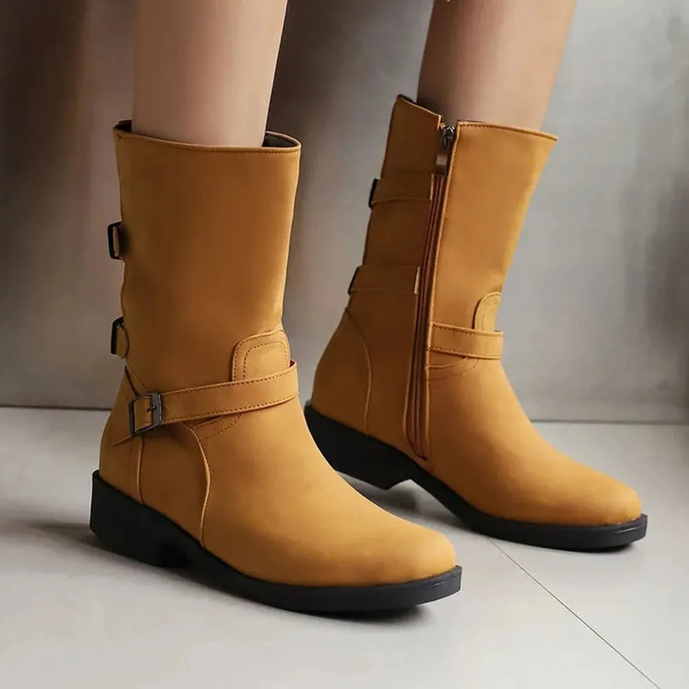 Merendy Salsa Zipper Round Toe Luxury Ladies  Low-Heel Wide-Calf Boots