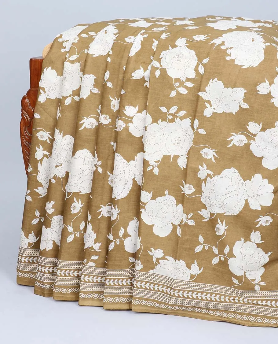 Mustard floral printed mul-mul cotton saree, geometric printed border & floral & geometric printed pallu