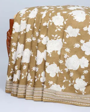 Mustard floral printed mul-mul cotton saree, geometric printed border & floral & geometric printed pallu
