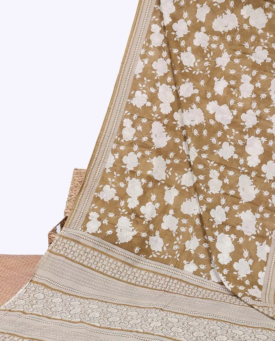 Mustard floral printed mul-mul cotton saree, geometric printed border & floral & geometric printed pallu