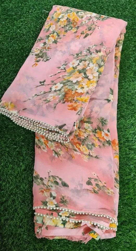 Peach Floral Printed Saree with Pearl Lace Work MN3803