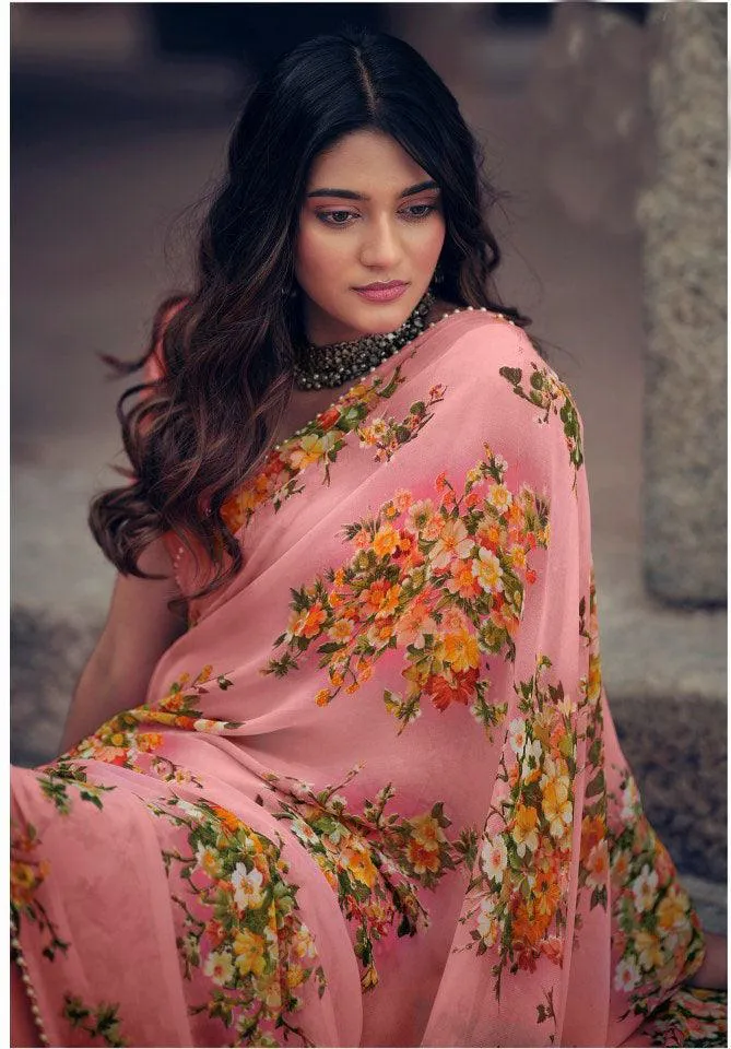 Peach Floral Printed Saree with Pearl Lace Work MN3803