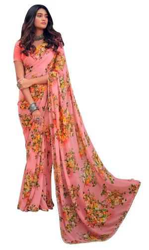 Peach Floral Printed Saree with Pearl Lace Work MN3803