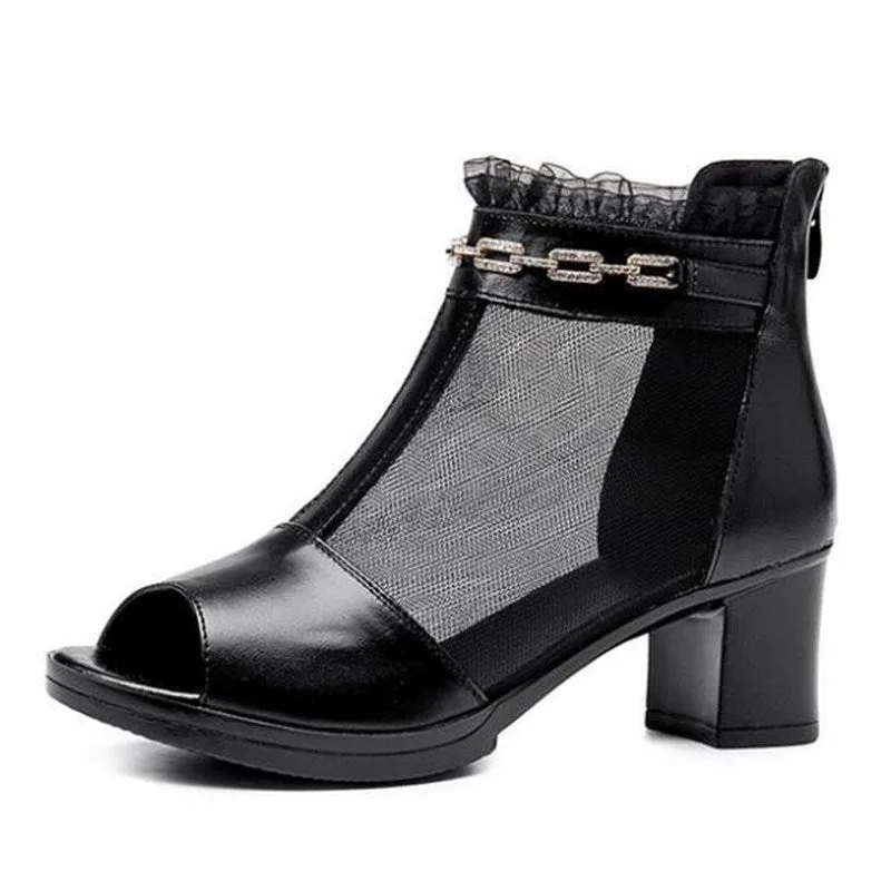 Rhinestone Chain Peep-Toe Black Leather & Ruffle Mesh Summer Booties