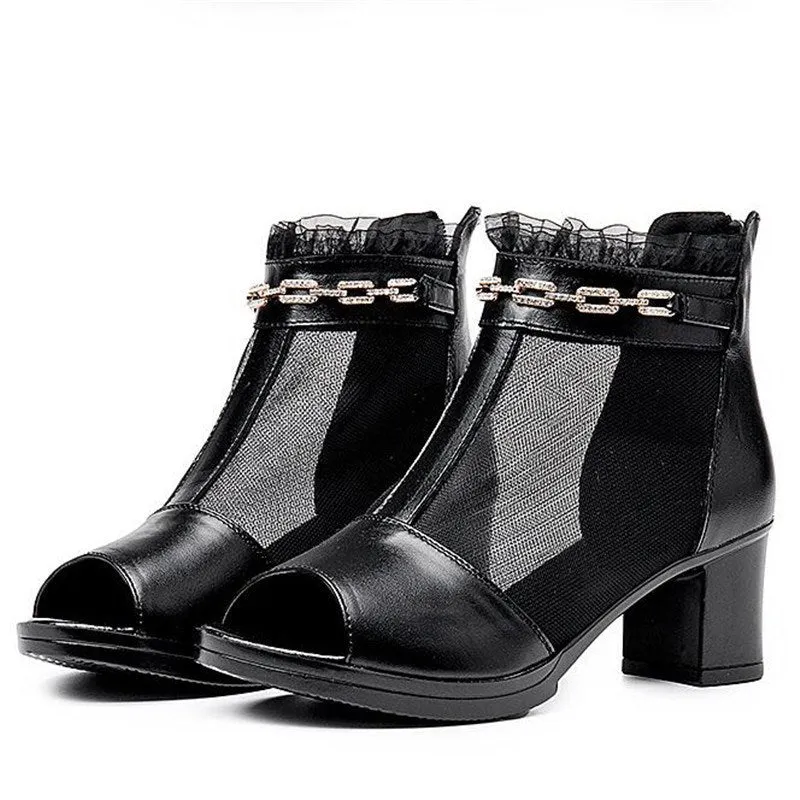 Rhinestone Chain Peep-Toe Black Leather & Ruffle Mesh Summer Booties